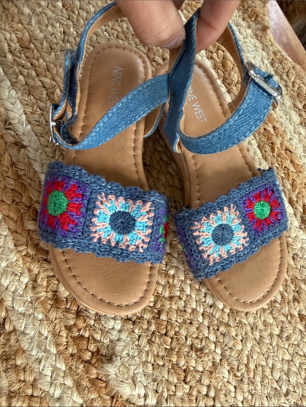 NWOT Nine West Girls' Blue Denim Crochet Sandals with Multicolor Accent